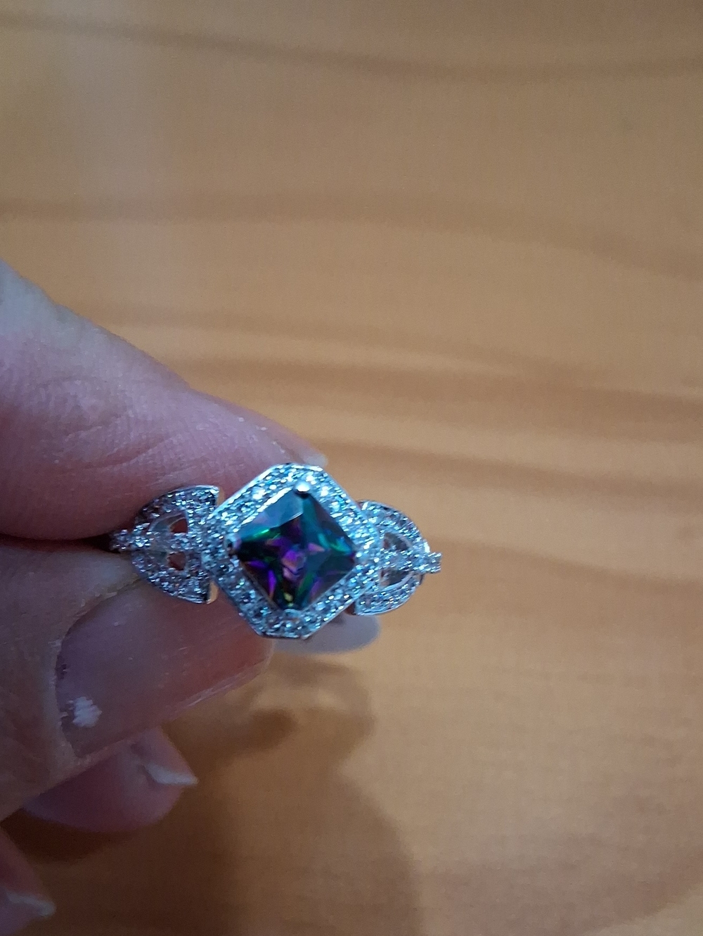 Silver Halo Ring with Mystic Rainbow Cubic Zirconia